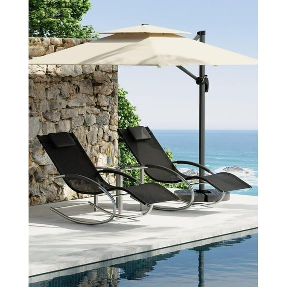 Homhougo Patio Swing Chaise Lounge Outdoor Set of 3, Quick-Dry Textilene Fabric, Iron Chaise Lounges for Pool, Garden, Beach, and Backyard - 2 Pool Chairs and 1 Side Table, Black.