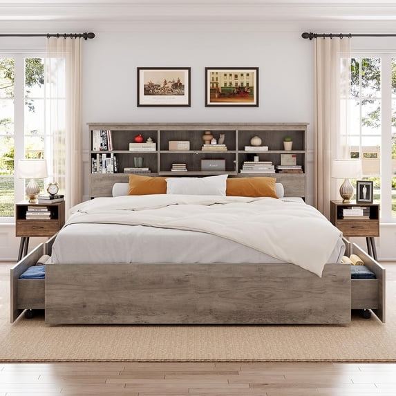 Homhougo Queen Bed Frame with Bookcase Headboard and 4 Large Drawers, Storage Wooden Bed Frame Queen Size No Box Spring Needed, Duty Metal Slats, Noise Free, Easy Assembly, Grey