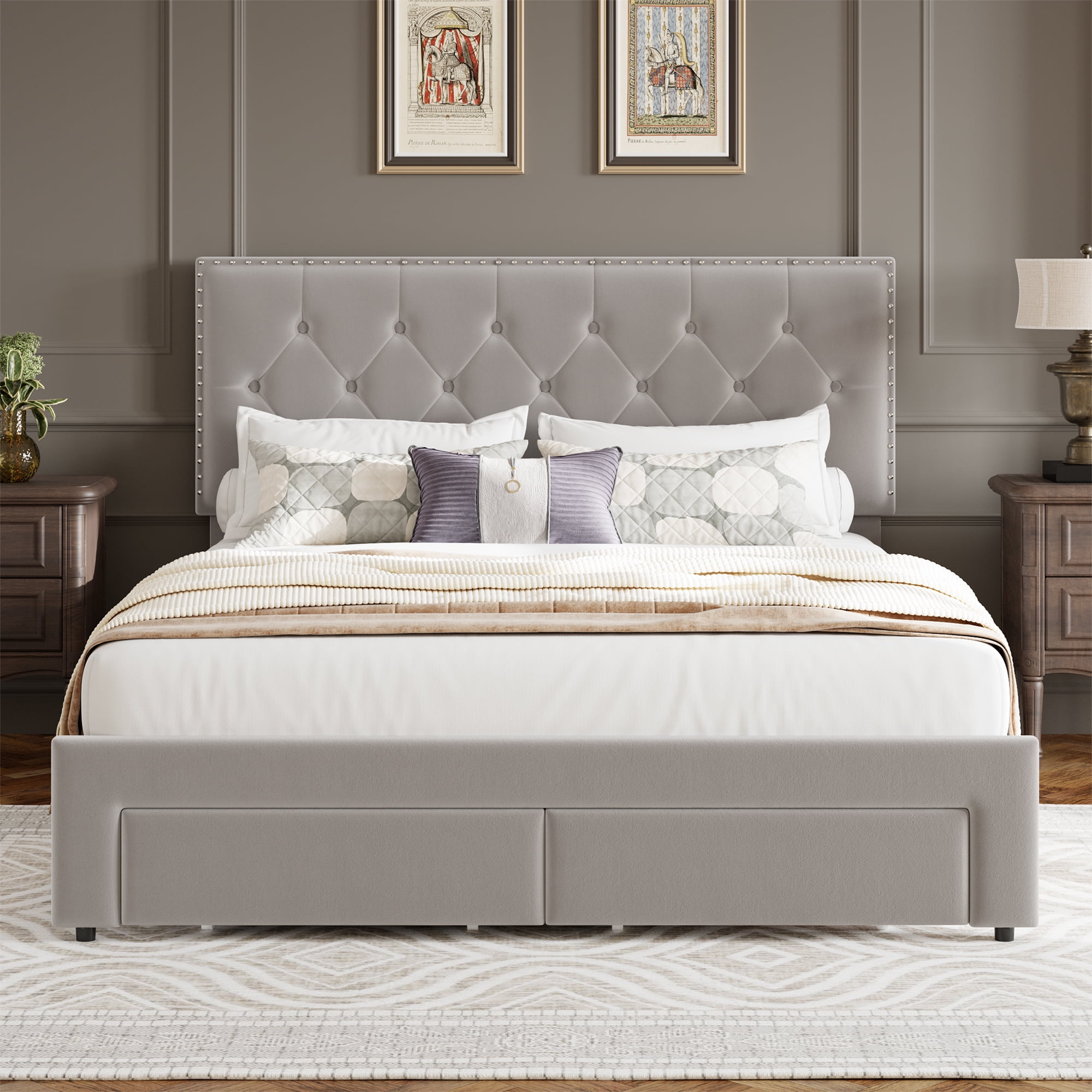 Queen Frame Homhougo Queen Bed Frame with Headboard and 2 Storage Drawers, Grey ...