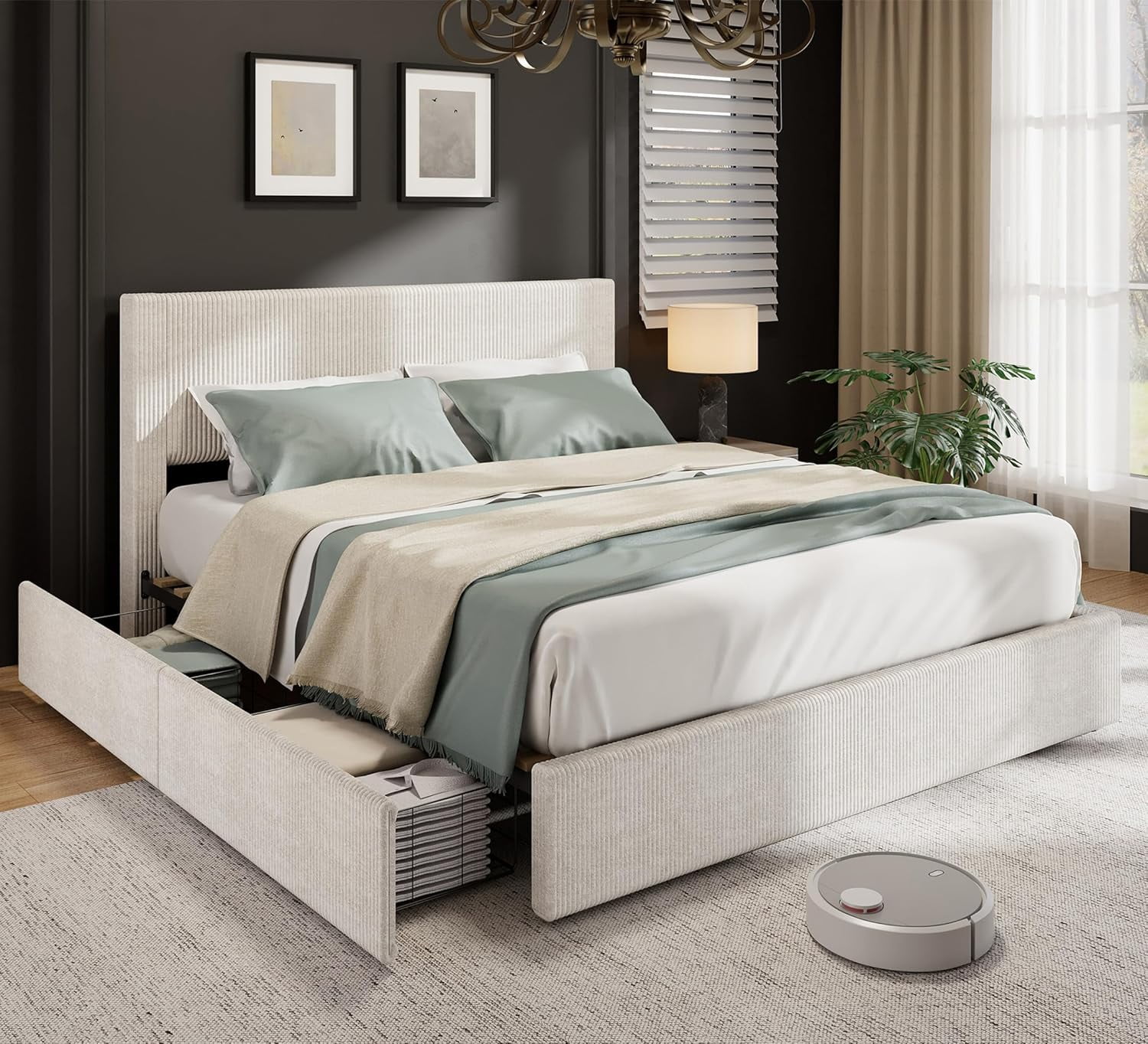 Homhougo Queen Bed Frame with Tall Tufted Wingback Headboard, Platform Velvet Upholstered Queen Size Bed Frame with 4 Storage Drawers and Wooden Slats Support, No Box Spring Needed, Beige