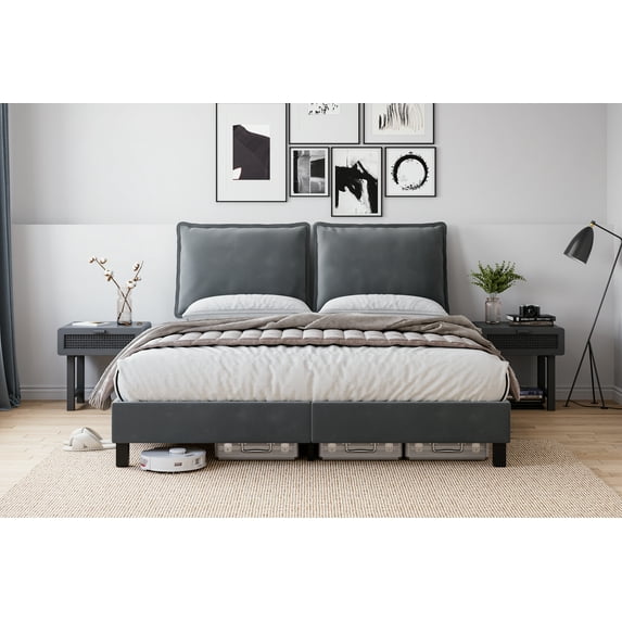 Homhougo Queen Bed Frame Upholstered Platform with Headboard and Strong Wooden Slats, Strong Weight Capacity, Non-Slip and Noise-Free,No Box Spring Needed, Easy Assembly,Dark Grey