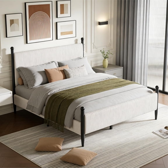 Homhougo Queen Wooden Platform Bed Frame with Storage Headboard & Raised Footboard, No Box Spring Needed, Queen White