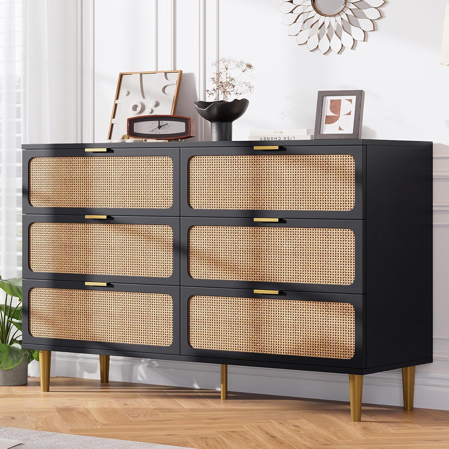 Black Double Dresser with Rattan Accents and Deep Drawers