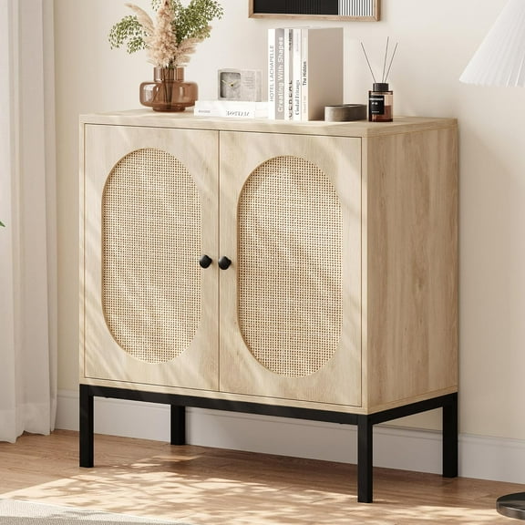 Homhougo Rattan Buffet Storage Cabinet, Natural Sideboard Cabinet with Adjustable Shelves, Accent Wooden Small Cabinet with 2-Tier Storage for Living Room, Dining Room, Hallway, Entryway