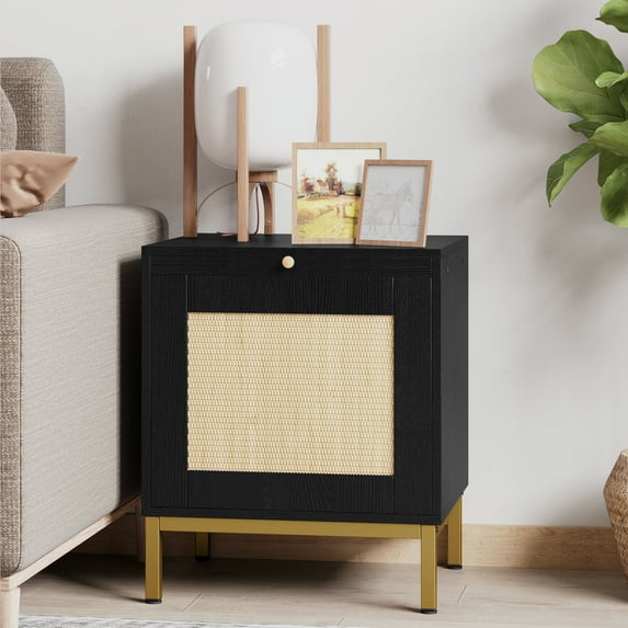 Homhougo Rattan Nightstands with Tray Set of 2, Classic Wood Grain Pattern Side Table, Accent Table, End Table with Storage Shelf for Entryway, Bedroom, Black