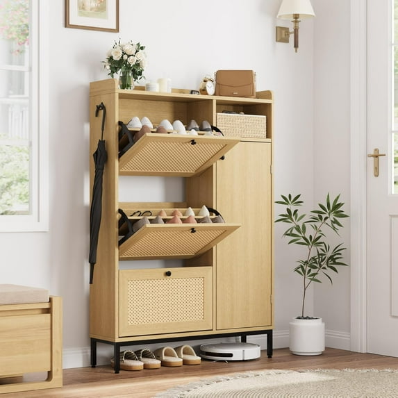 Homhougo Rattan Shoe Storage Cabinet with Doors and 3 Flip Drawers, Freestanding Organizer with Adjustable Shelves for Entryway, Narrow Shoe Rack Cabinet for Hallway, Easy Assembly, Oak Color