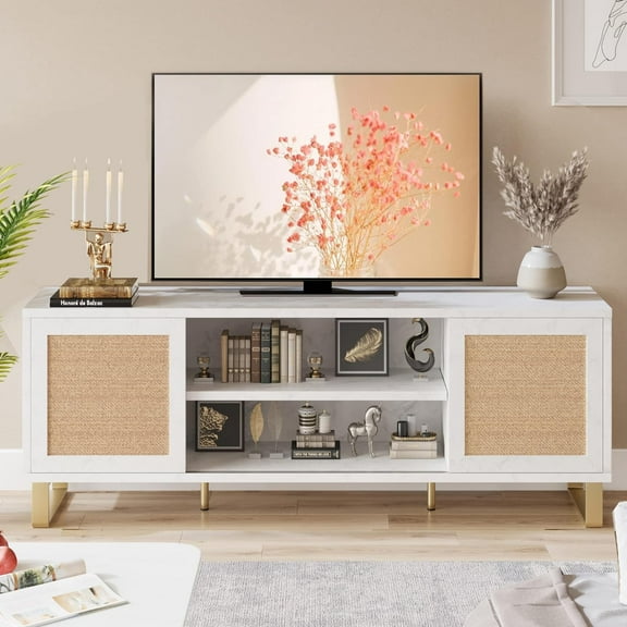 Homhougo Rattan TV Stand for 65-Inch TV, Modern White Entertainment Center with 2 Cabinets & Adjustable Shelf, Boho Media Console with Storage for Living Room or Bedroom