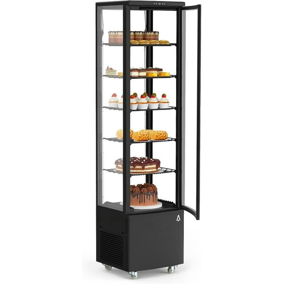 Homhougo Refrigerated Display Case Commercial - 10.5 Cu. Ft. Display Refrigerator for Bakery, Interior LED Lighting, Air-Cooling Automatic Defrost, 5 Adjustable Shelves. Black