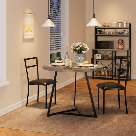 Homhougo Round Dining Table Set for 2, 3-Piece Kitchen Table Set with 2 Upholstered Chairs, Modern Small Space Dinette for Apartments