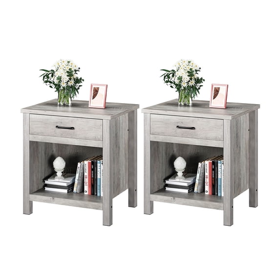 Homhougo—Set of 2 Farmhouse Nightstand, End Table, End Tables with Storage Drawer, Modern Bed Side Table Rustic Gray Nightstands Set for Bedroom, Living Room, Gray Wash