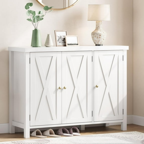 Homhougo Shoe Cabinet with Doors, Farmhouse 35'' Shoe Storage Cabinet for Entryway, 4-Tier Shoe Cabinet with Storage, Large Shoe Organizer Cabinet for Entryway Hallway, White