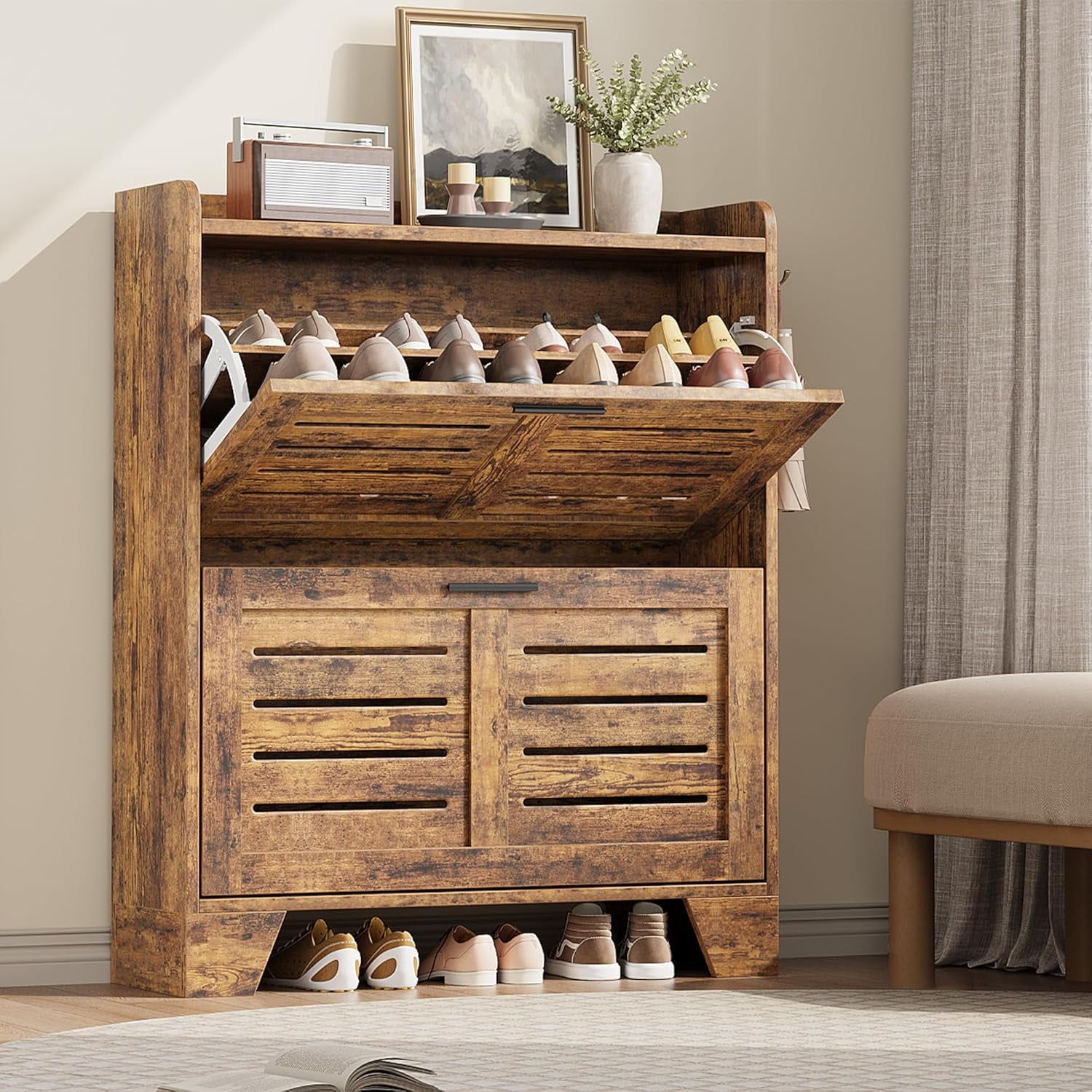 Homhougo Shoe Cabinet for Entryway, Narrow 2-Drawer Flip Shoe Storage Organizer with Adjustable Shelves and Hooks, Slim Hidden Freestanding Shoe Rack for Hallway, Foyer, Garage, 13.8” Deep