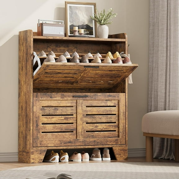 Homhougo Shoe Cabinet for Entryway, Narrow 2-Drawer Flip Shoe Storage Organizer with Adjustable Shelves and Hooks, Slim Hidden Freestanding Shoe Rack for Hallway, Foyer, Garage, 13.8” Deep