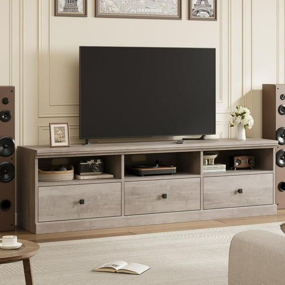 Homhougo TV Stand for 75 Inch TV, Mid-Century Modern Entertainment Center with Storage Drawer,70" TV Console Media Cabinet with Open Shelves, for Living Room, Gray