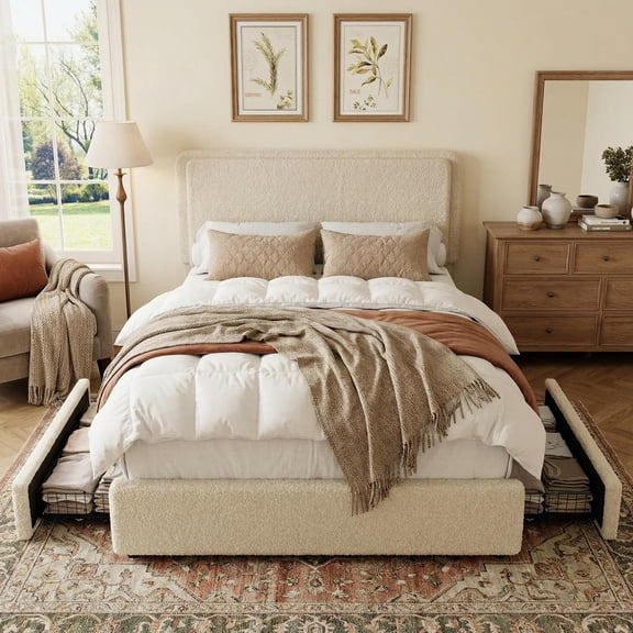 Homhougo Teddy Fleece Twin Size Bed Frame, Cloud Cream Bed Frame with 2 Storage Drawer and Adjustable Headboard, Soft Teddy Fabric, No Box Spring Required, Easy Assembly, Cream