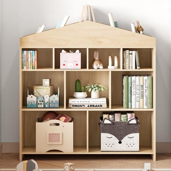 Homhougo Toy Storage Organizer Kids Bookshelf with 9 Storage Cubbies Dollhouse Bookcase Toddlers Playhouse Wooden Bookshelf Playroom Organization for Playroom, Bedroom