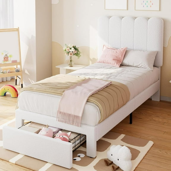 Homhougo Twin Bed Frame with Storage Drawer and Headboard, Boucle Upholstered Twin Platform Bed Frame for Girls, Strong Wooden Slats Support, Noise-Free, Easy Assembly (Boucle Beige)