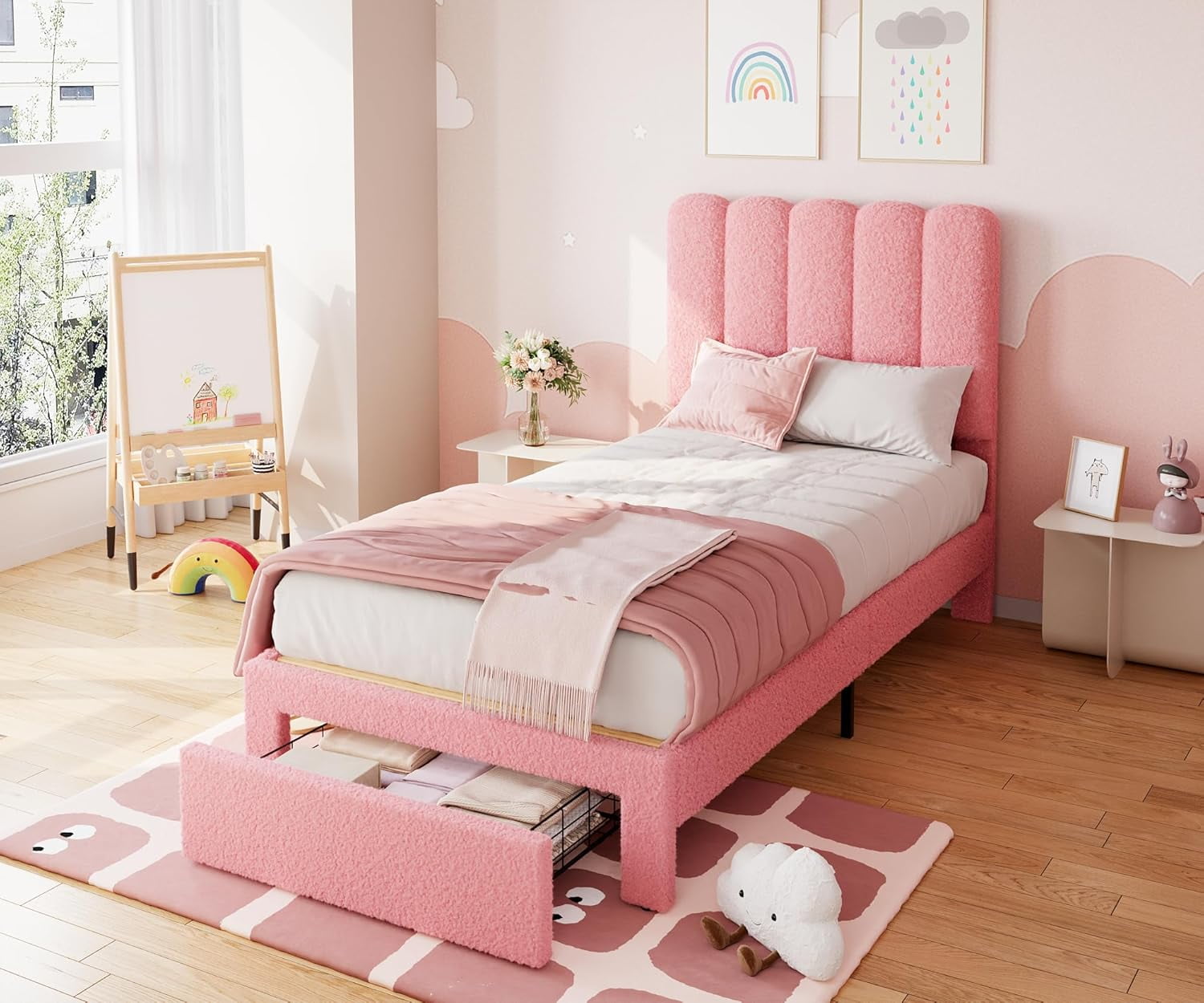 Homhougo Twin Bed Frame with Storage Drawer and Headboard, Boucle Upholstered Twin Platform Bed Frame for Girls, Strong Wooden Slats Support, Noise-Free, Easy Assembly (Boucle Pink)