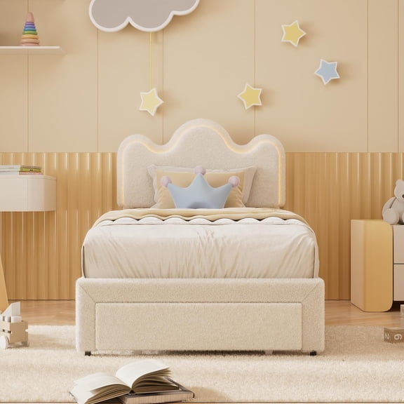 Homhougo Twin Bed Frames Lamb Velvet Twin Beds Cute Platform Bed Frame for Girls, Boys,Sturdy Platform Bed, No Box Spring Needed, LED Light, Wooden Slats, Noise Free