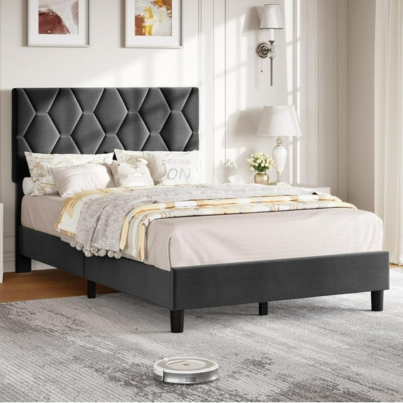Homhougo Twin Gray Bed Frame, Upholstered Platform Bed Frame with Height Adjustable Headboard for Boys & Girls, Wood Slat Support and Stable Metal Frame, Easy to Assemble