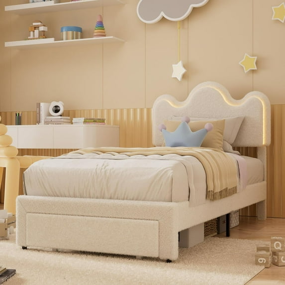 Homhougo Twin Size Bed Frame, Boucle Upholstered Platform Bed Frame with Adjustable Headboard, Teddy Fleece, Soft Rounded Corners, No Box Spring Required, Noise Free，Easy Assembly，White