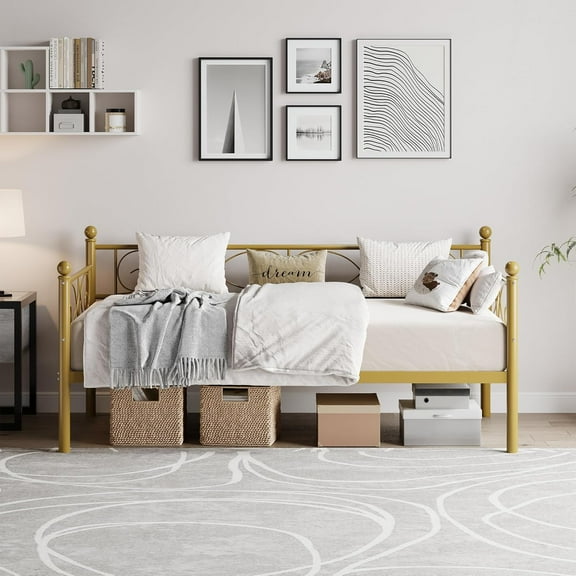 Homhougo Twin Size Metal Daybed Frame with Heavy Duty Metal Slats, Modern Day Bed, Mattress Foundation Platform Sofa Bed with Headboard for Bedroom, Gold
