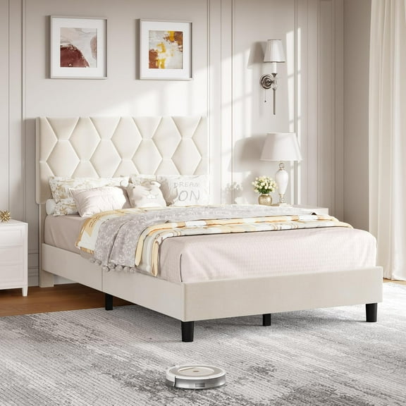 Homhougo Twin Size Platform Bed Frame with Upholstered Headboard and Wooden Slats Support, Upholstered Mattress Foundation/No Box Spring Needed/Easy Assembly, Beige
