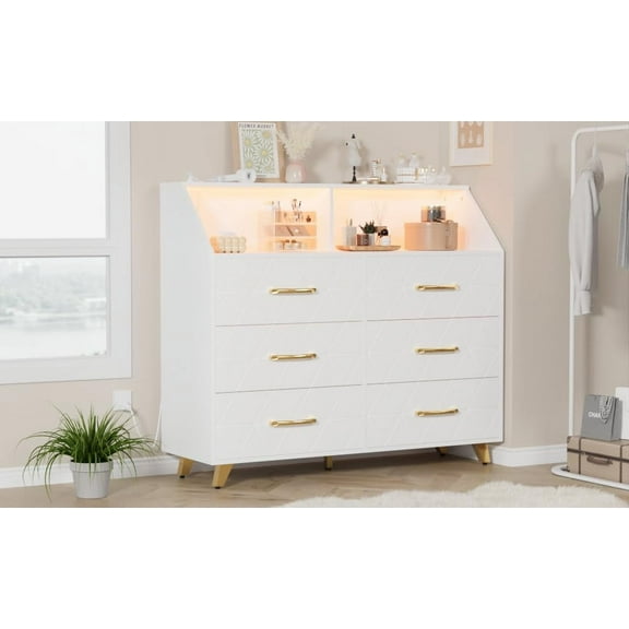 Homhougo White Bedroom Dresser with LED Lights & Charging Station, Wood 6 Drawer Dresser for Bedroom, Dressers & Chests of Drawers for Closet, TV Stand, Living Room, Hallway, Entryway