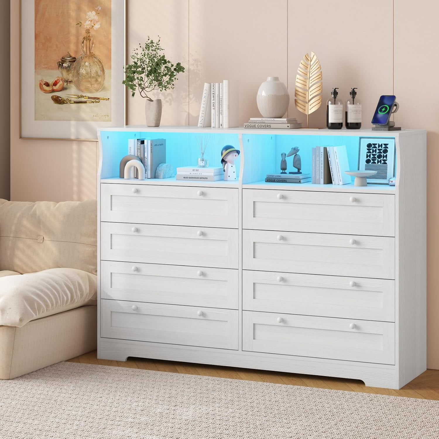 White MDF 8-Drawer Dresser with LED Lights and Charging Station