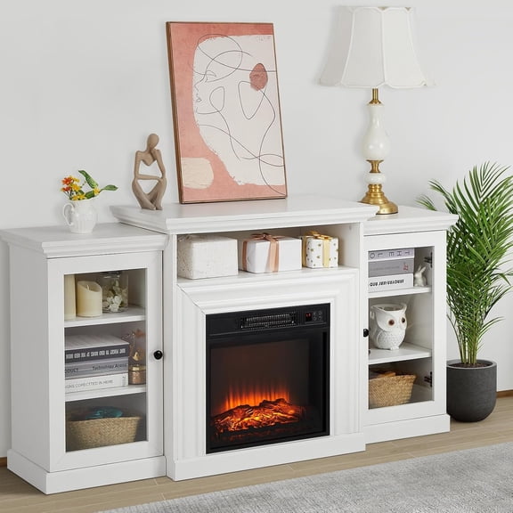 Homhougo White Farmhouse Fireplace TV Stand with 3-D Real Flame Electric Fireplace for 65/75 inch TV, 31" Tall Highboy Entertainment Center, TV Console with 2 Glass Doors & Open Shelf for Living Room