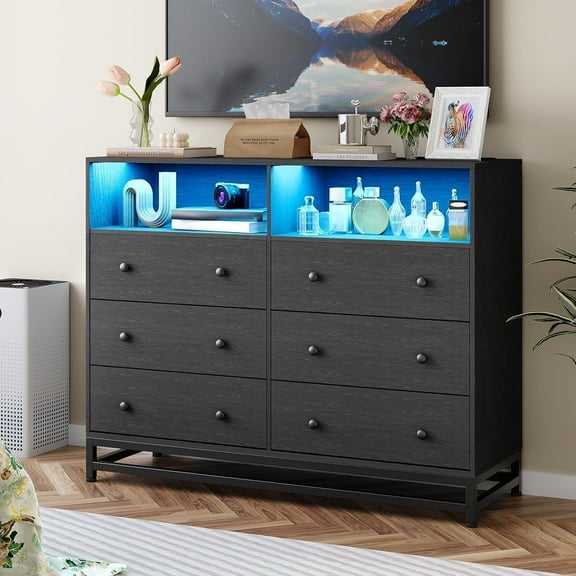 Homhougo Wide Dresser for Bedroom with Charging Station, 6 Drawer Modern Large Capacity Storage Cabinet Chests of Drawers & Wood Dressers Closet with Led Lights Black