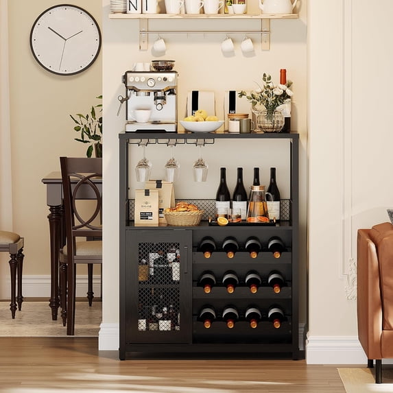 Homhougo Wine Bar Cabinet with LED Lights, Liquor Cabinet Bar with Storage, Detachable Wine Rack, Glass Holder & Mesh Door, Small Coffee Buffet Sideboard for Dining Room Kitchen Living Room, Black