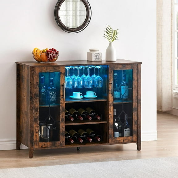 Homhougo Wine Bar Cabinet with Led Light, Liquor Cabinet with Wine and Glass Rack, Buffet Sideboard with Storage, Coffee Bar Cabinet for Liquor with Adjustable Shelves, 47.2 Inches, Rustic Brown