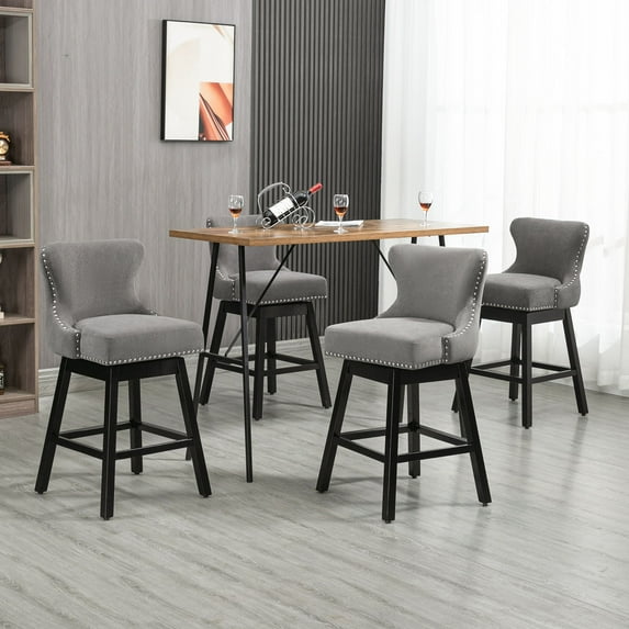 Homhum 29-Inch Bar Stools Set of 4, 360° Swivel and Wood Legs, Fabric Island Chairs - Gray