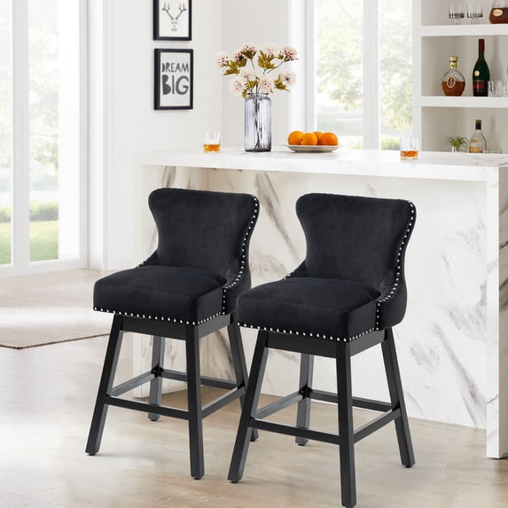 Homhum 360° Swivel Bar Stools Set of 2, Wood Legs and Fabric Island Chairs, Black
