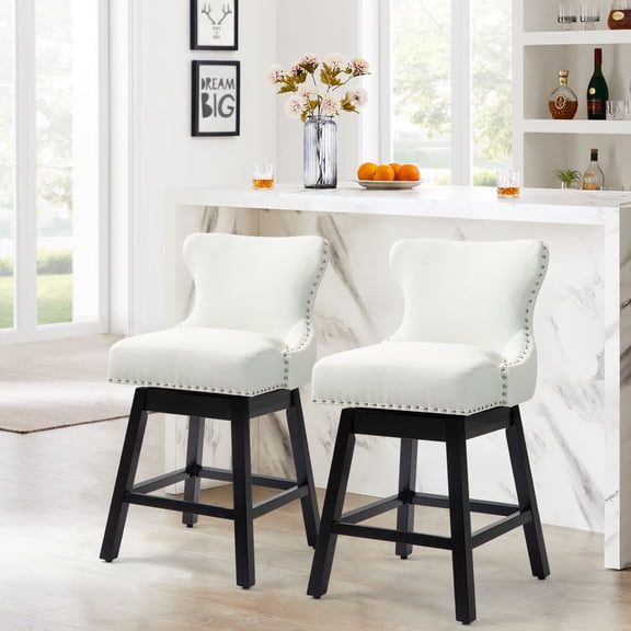 Homhum 360° Swivel Bar Stools Set of 2, Wood Legs and Fabric Island Chairs, White