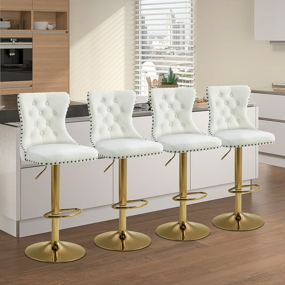 Homhum 360° Swivel Bar Stools Set of 4, Button Tufted Island Stools, Adjustable Seat Height, Beige & Gold
