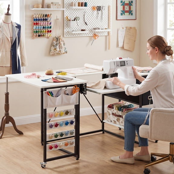 Homhum 59" Multipurpose Sewing Craft Table with Adjustable Tabletop, Folding Sewing Table, White