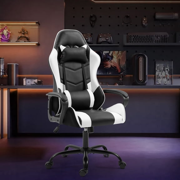 Homhum Ergonomic Gaming Chair w/ Massage Lumbar Support, 360° Swivel Computer Gamer Chair, White