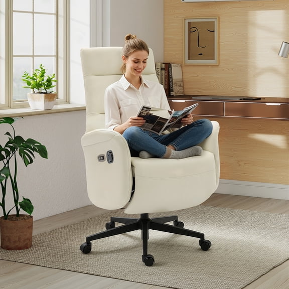 Homhum Ergonomic PU Leather Recliner Chair, Electric Executive Office Chair with Footrest, Beige