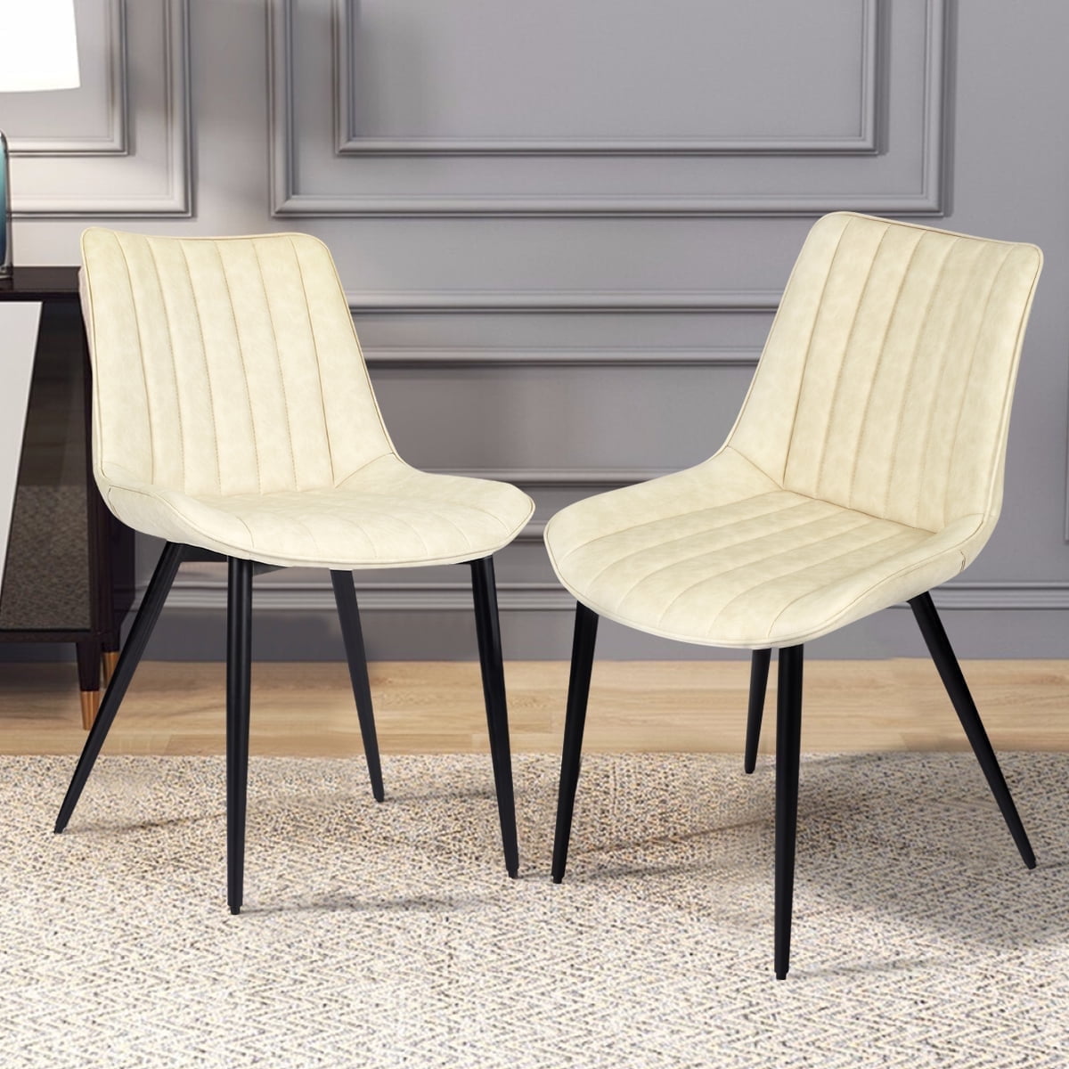 Beige Faux Leather Upholstered Dining Chairs with Metal Legs