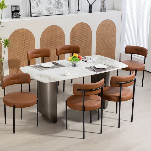 Homhum Mid-Century Modern Dining Chairs Set of 6, Upholstered Boucle Chairs, Indoor, Brown/Black