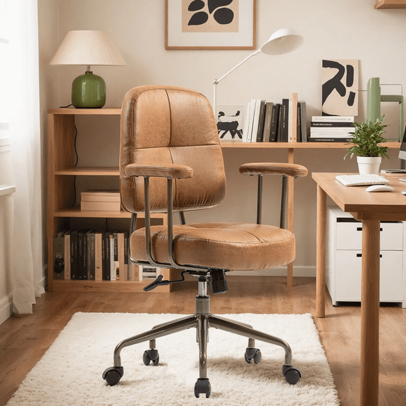 Homhum Mid Century Modern Fabric Office Chair, Adjustable Desk Chair for Home Office, Brown(Brown Frame)