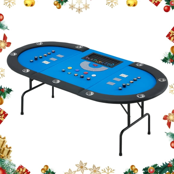 Homhum Oval Poker Table for 9 Players w/ Stainless Steel Cup Holder, Blue