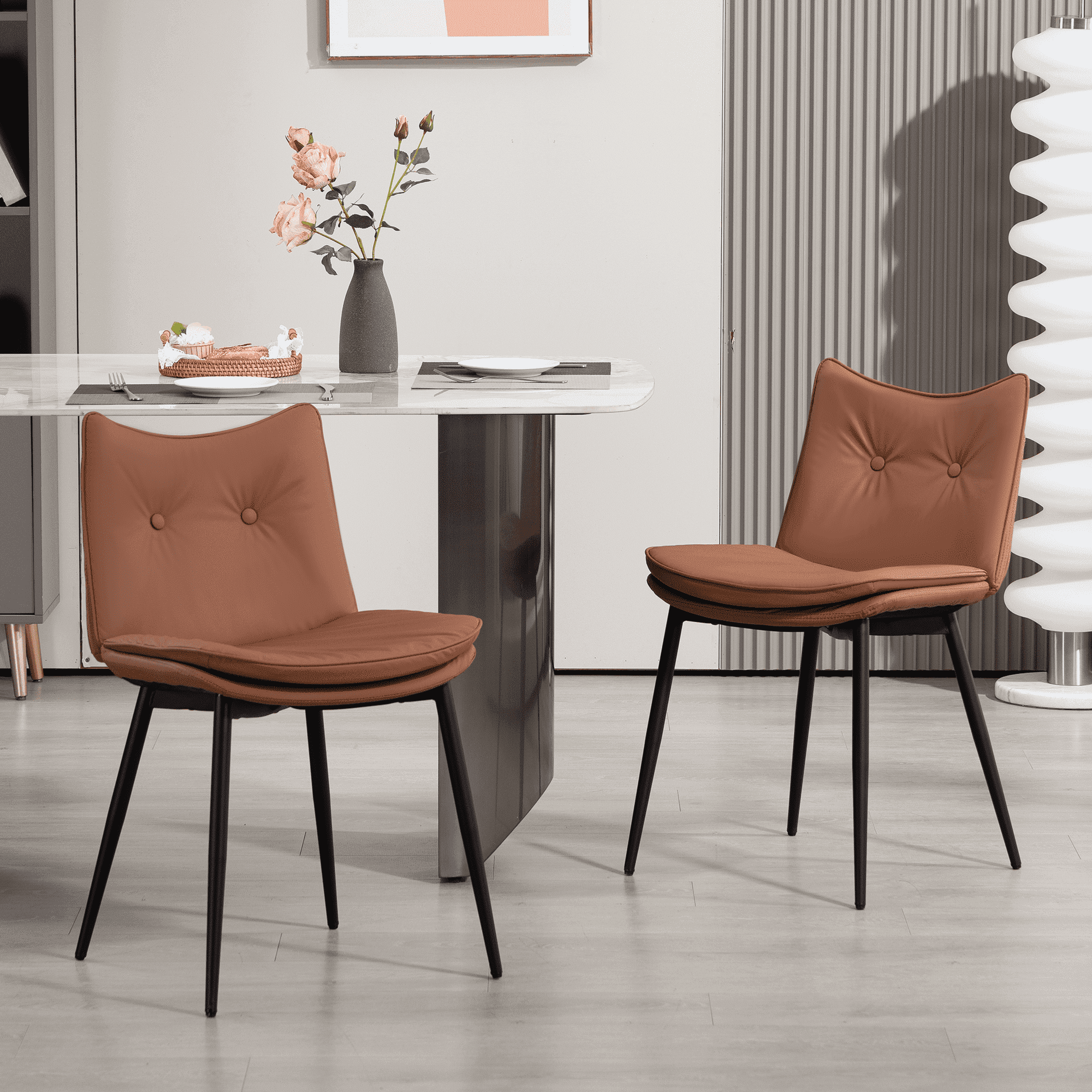 Homhum Upholstered Dining Chairs Set of 2, Faux Leather Kitchen Chairs w/ Button Tufted Back, Brown