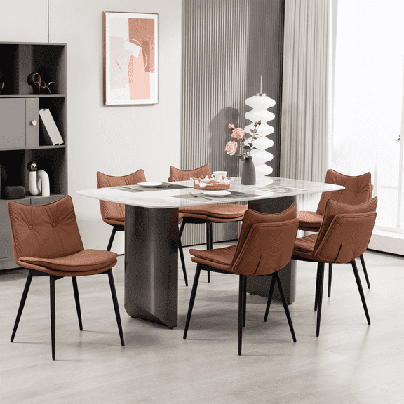 Homhum Upholstered Dining Chairs Set of 6, Faux Leather Kitchen Chairs w/ Button Tufted Back, Brown