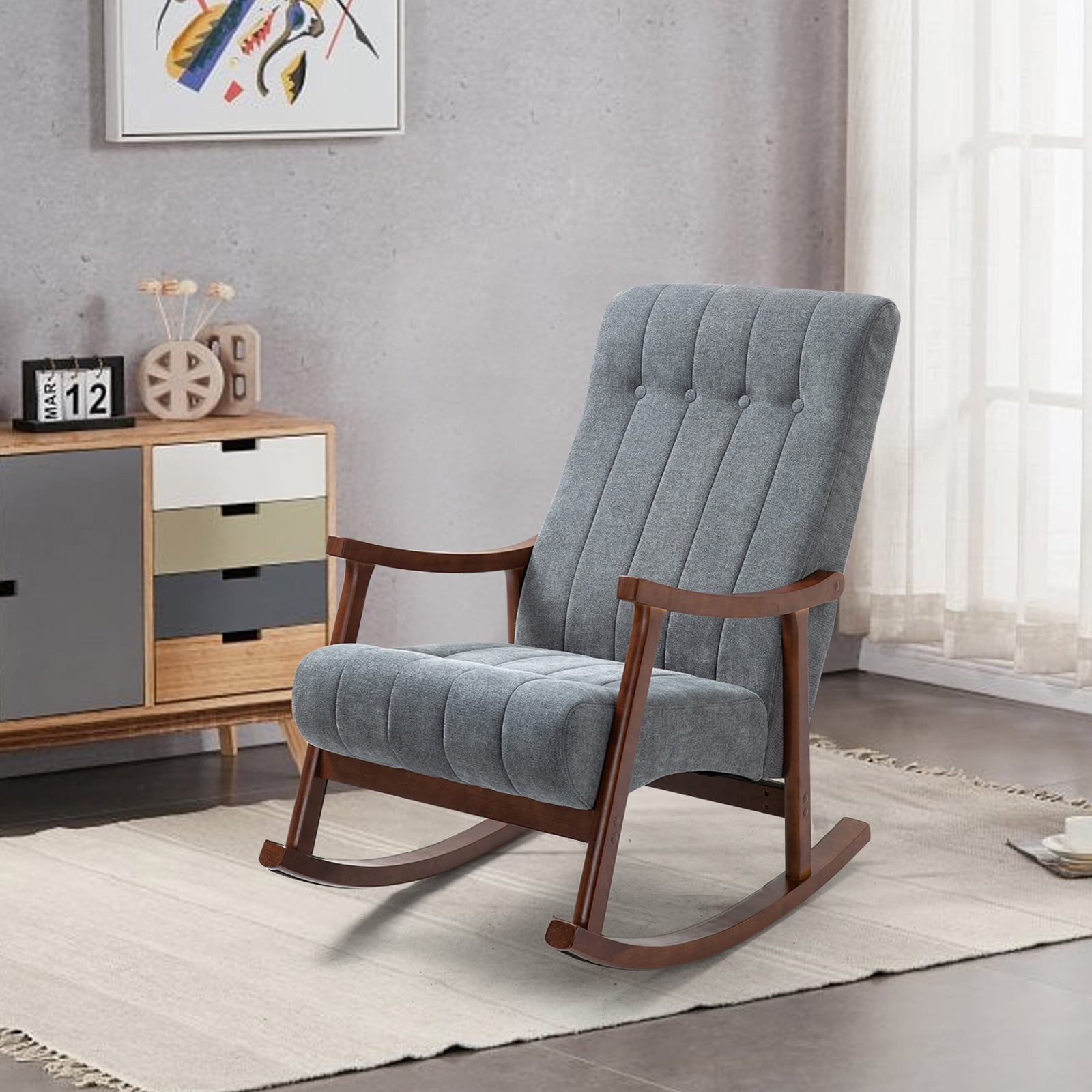 Homhum Upholstered Rocking Chair, Modern High Back Armchair, Adult Single Sofa for Indoor, Dark Gray