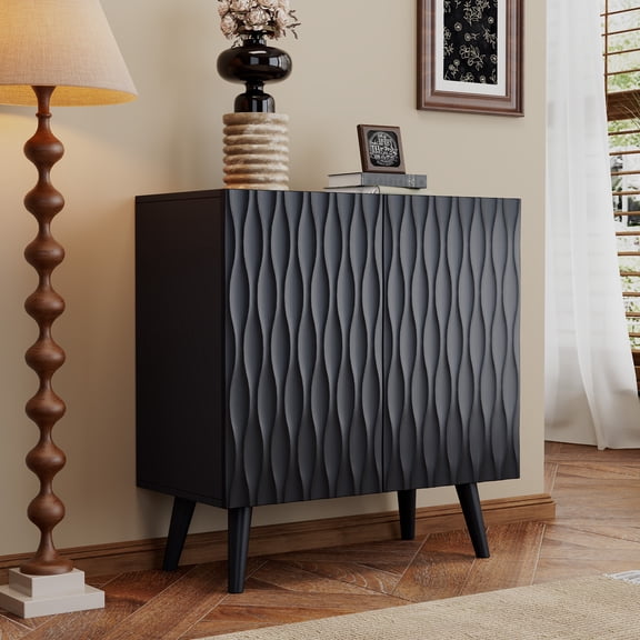 Homhum Wave Accent Cabinet with Storage, 2 Doors Sideboard Buffet, Modern Fluted Cabinet, Black