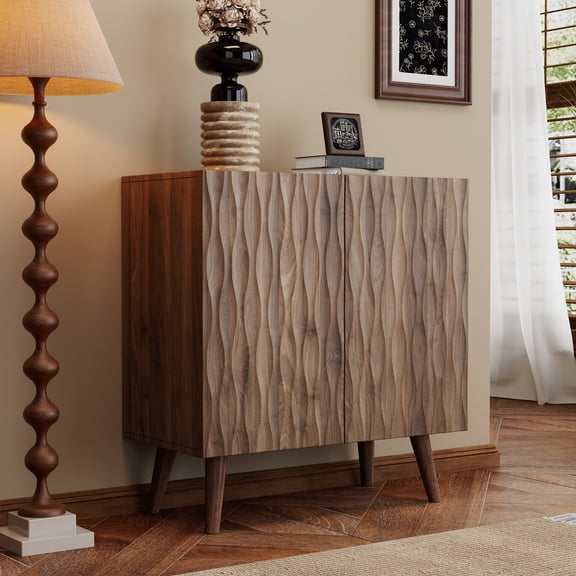 Homhum Wave Accent Cabinet with Storage, 2 Doors Sideboard Buffet, Modern Fluted Cabinet, Brown