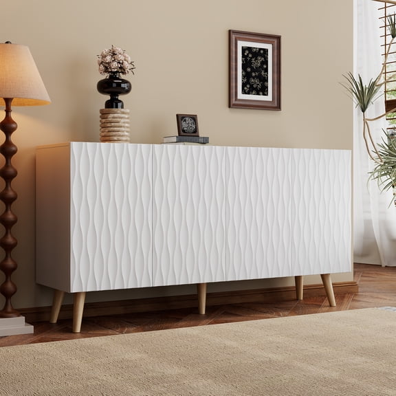 Homhum Wave Accent Cabinet with Storage, 4 Doors Sideboard Buffet, Modern Fluted Cabinet, White